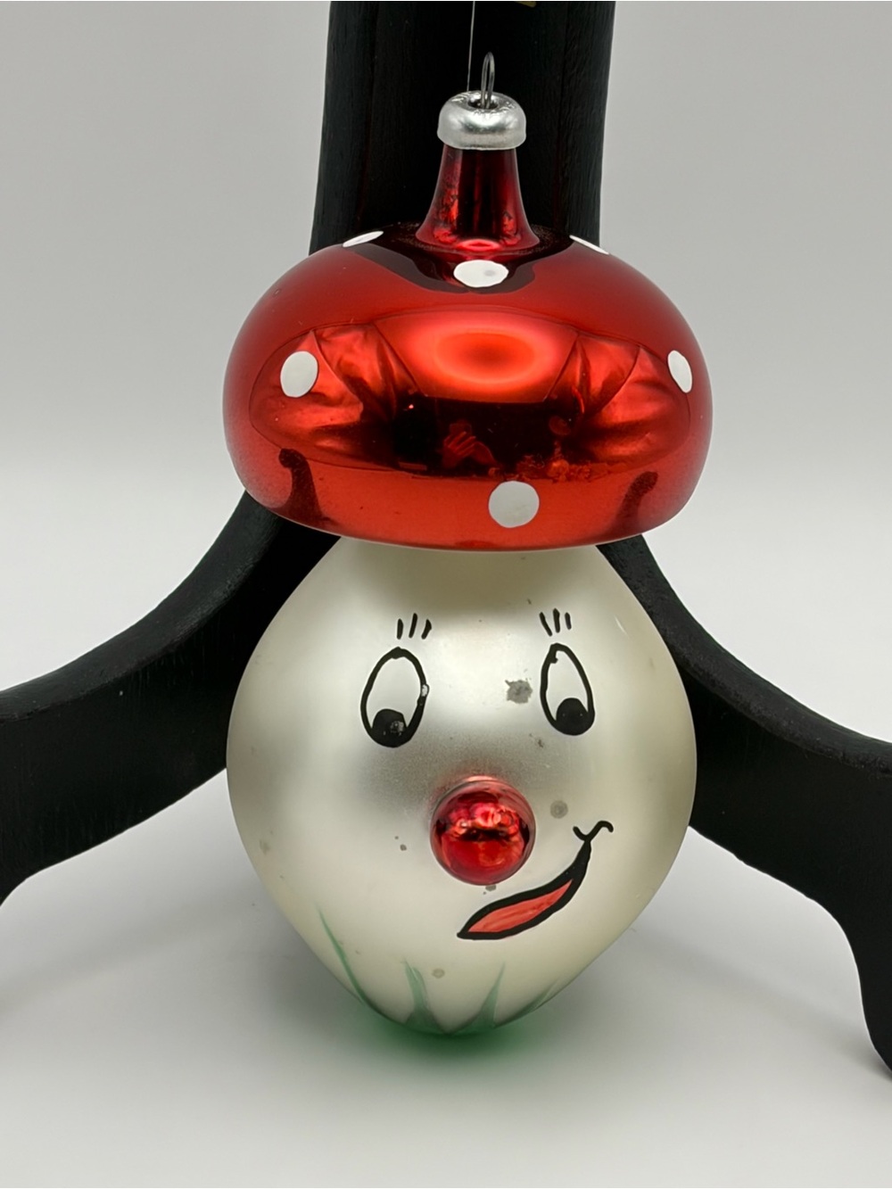Vintage Hand Blown Glass Anthropomorphic Mushroom/Clown Face Christmas Ornament